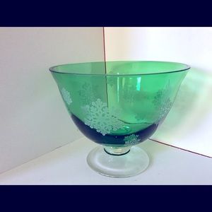 Vintage FTD Green w/ Etched Snowflake Footed Bowl
